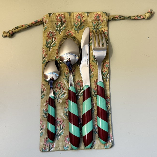 Set of 4 green striped cutlery