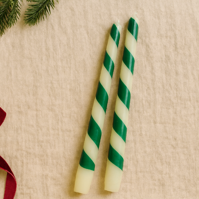 Set of 2 Candles Green & Cream Stripes